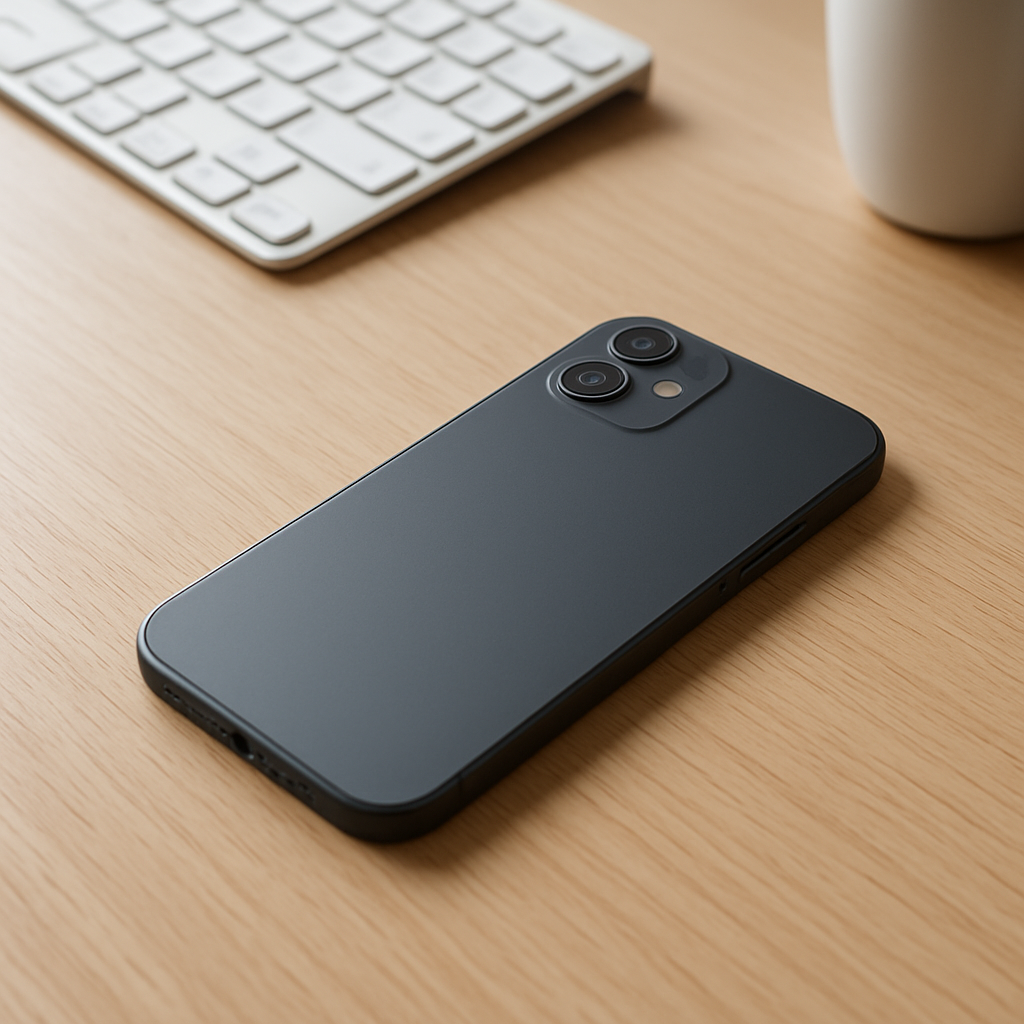 Smartphone face down on clean desk, charger nearby, low light