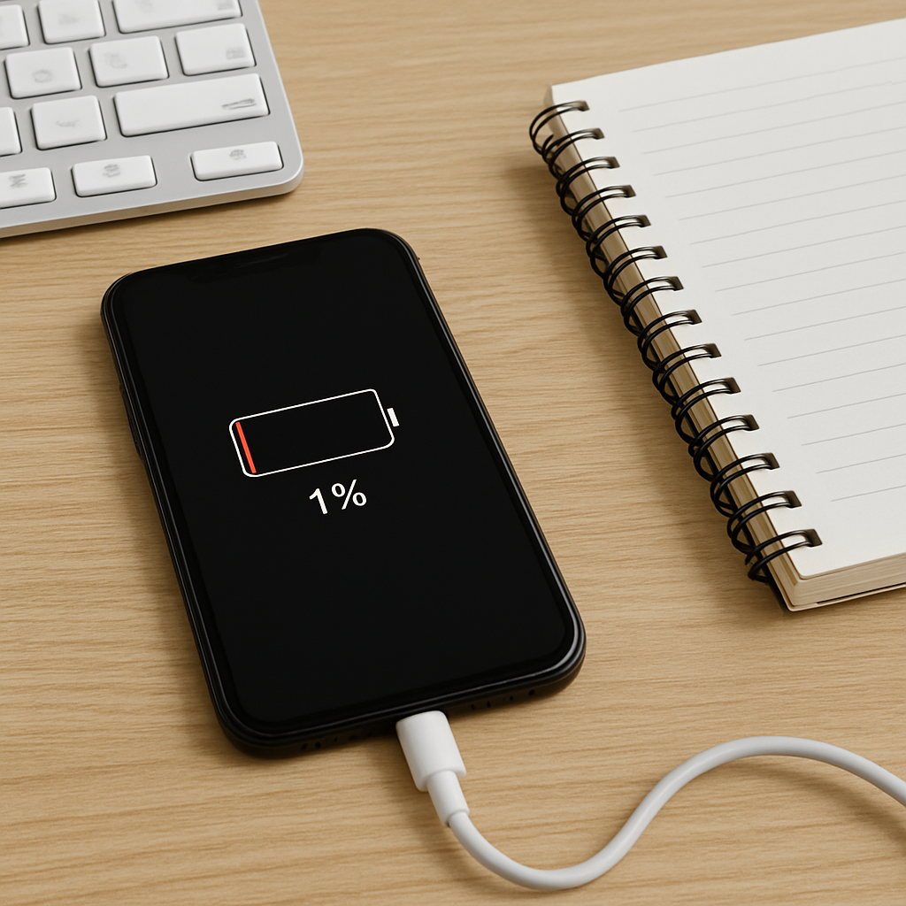 Smartphone with low battery on tidy desk, charging cable nearby