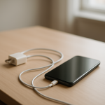 Phone Battery Draining Even With GPS Off — Hidden Location Services Explained Smartphone on tidy desk beside charger, low battery indicator