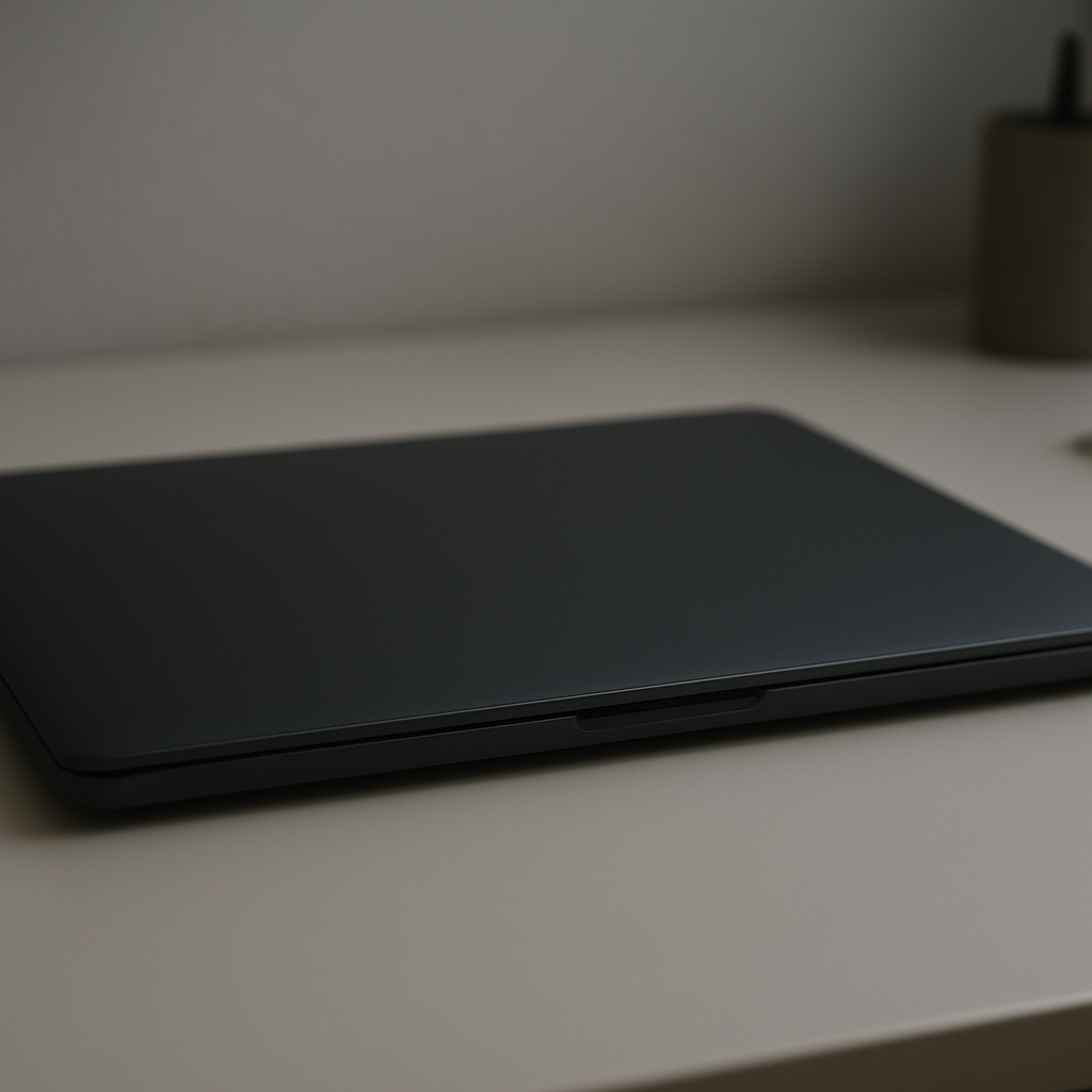 Closed laptop on tidy desk with faint battery glow