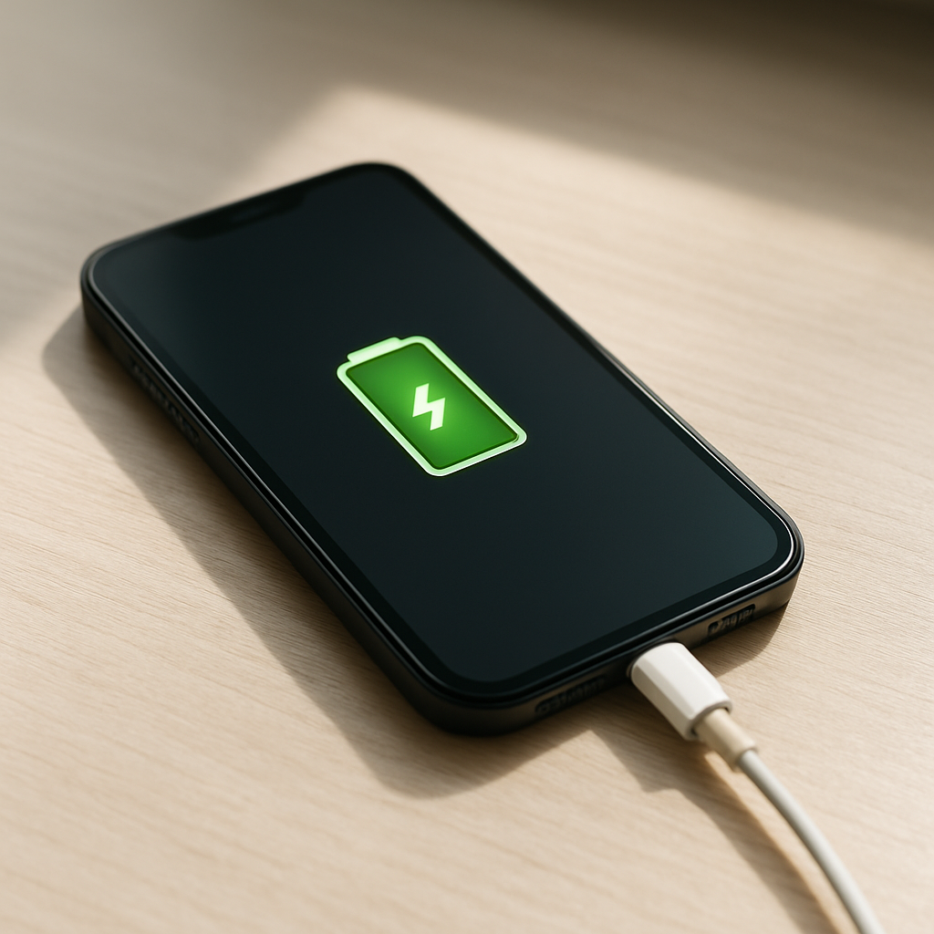 Smartphone charging on tidy desk with battery draining indication