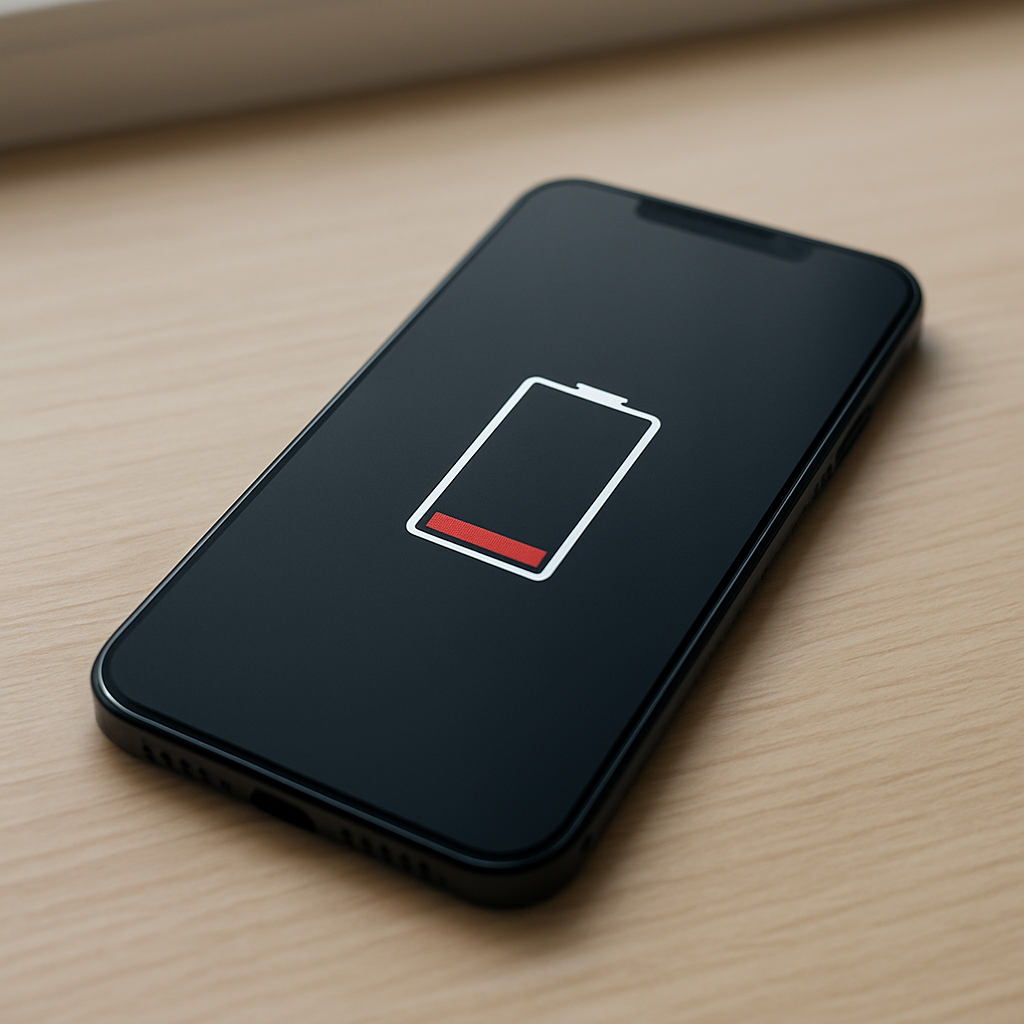 Smartphone on desk with low battery notification, morning light