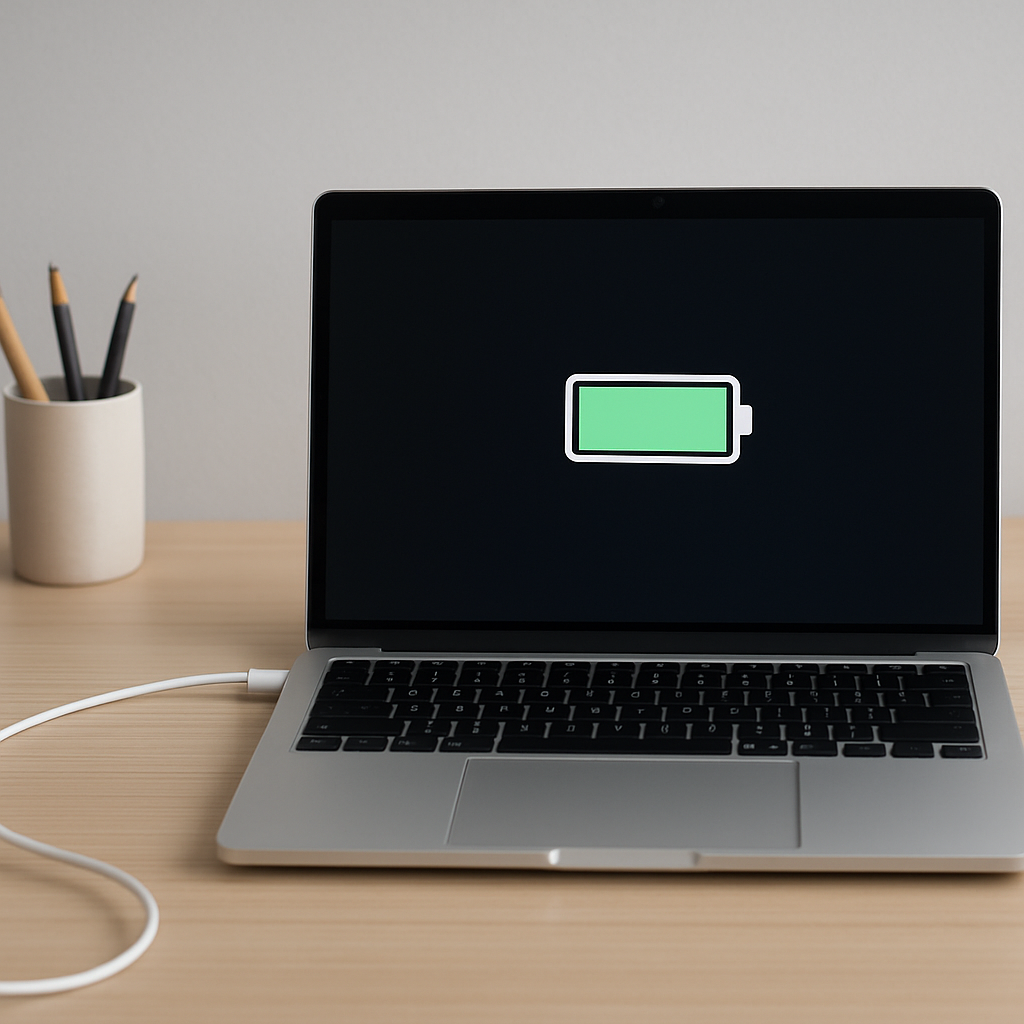 Laptop on clean desk plugged in, battery symbol dimly lit