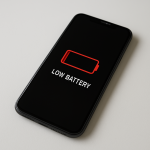 Phone Battery Draining Without Use — Hidden Background Activity or Hardware Issue? Smartphone on tidy wooden desk showing low battery icon