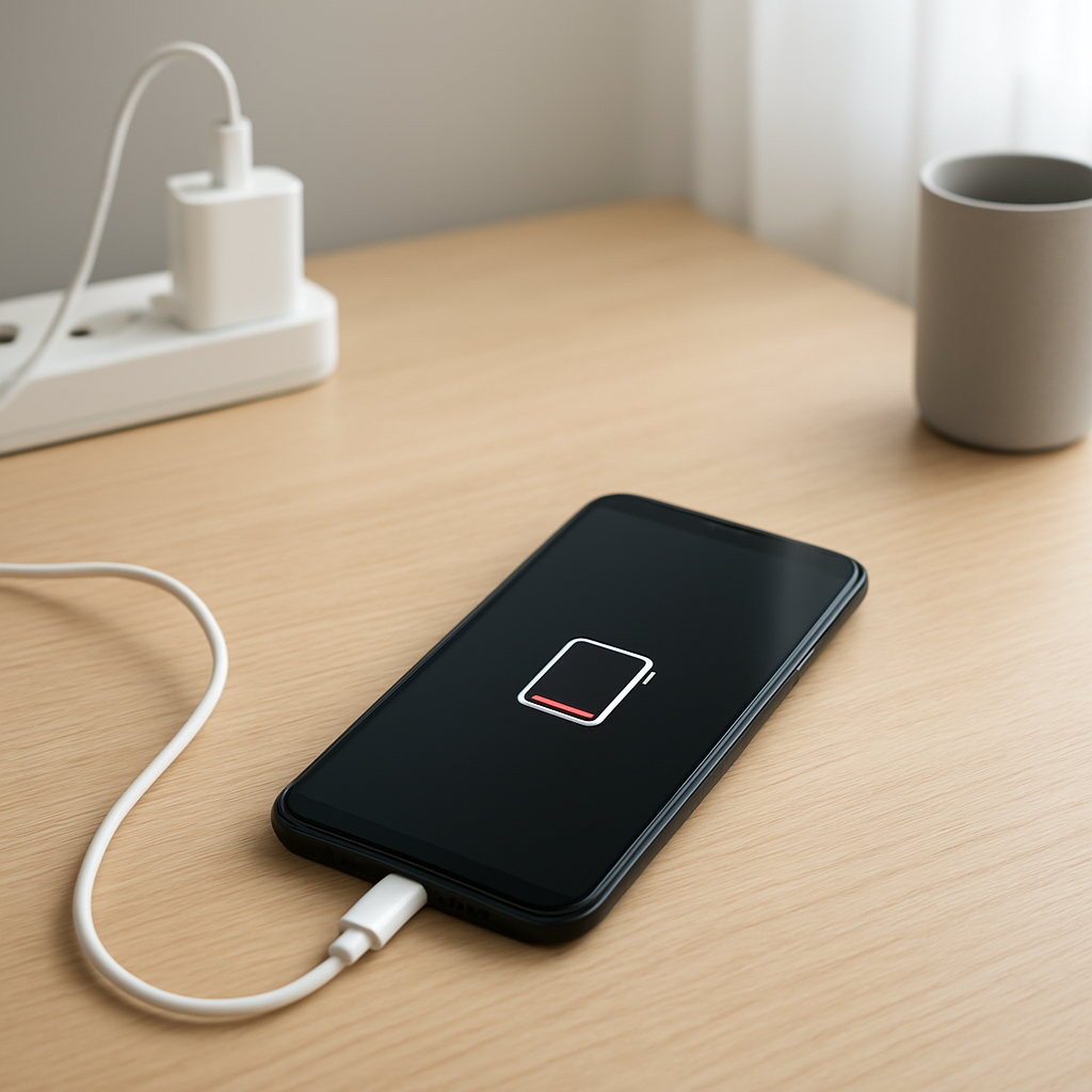 Smartphone on clean desk showing low battery, charger beside it