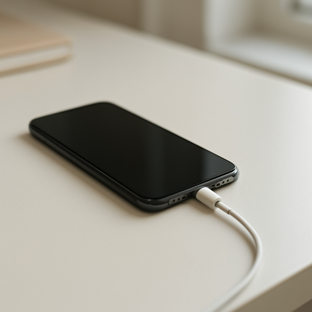 Smartphone on tidy desk next to charger, soft natural light