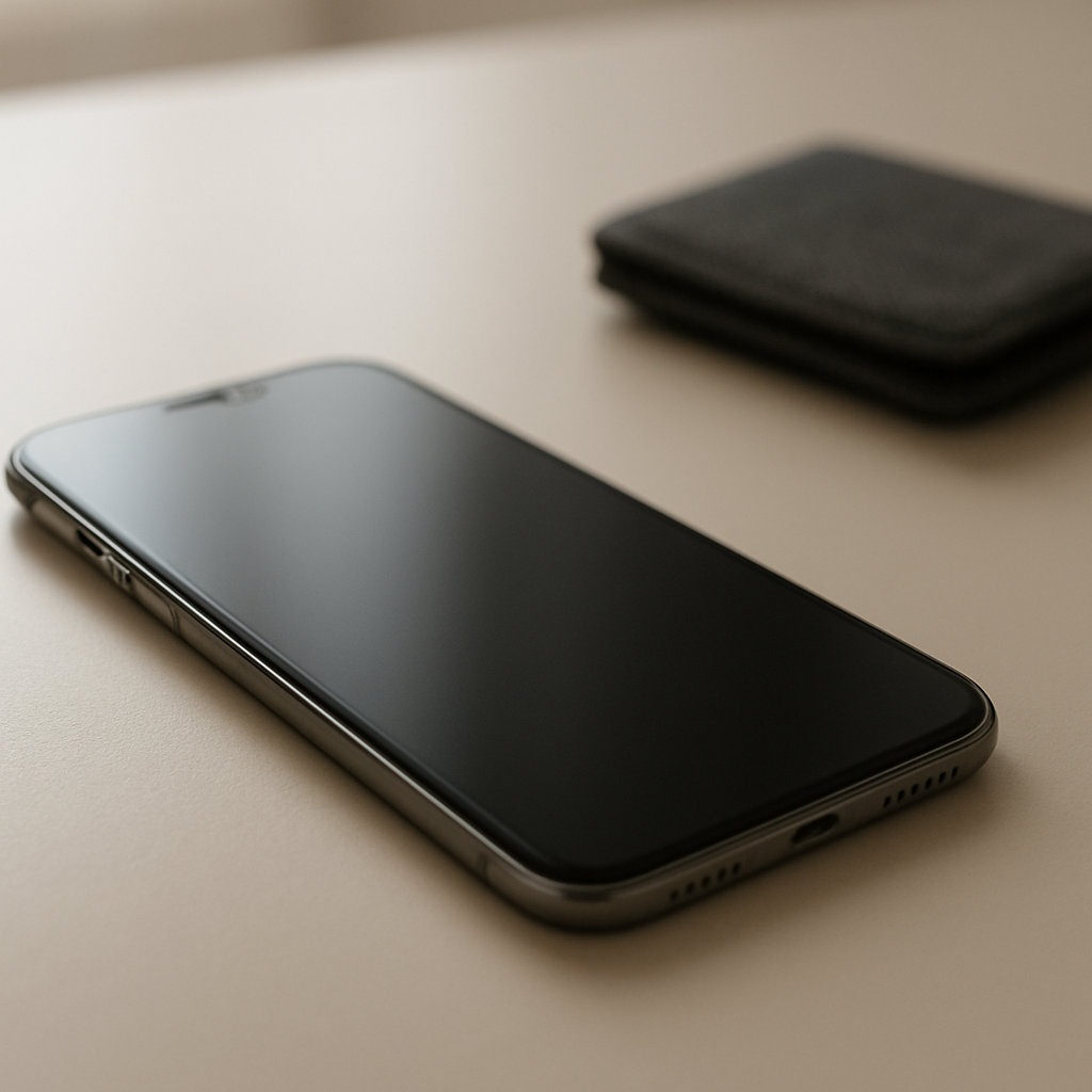 Phone on clean desk beside blurred pocketed pants