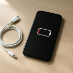 Battery Percentage Dropping Very Fast — Sensor Error or Real Capacity Loss? Smartphone on clean desk showing low battery indicator, charger nearby
