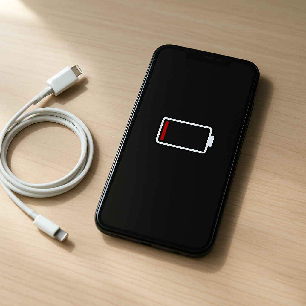 Smartphone on clean desk showing low battery indicator, charger nearby