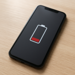 Smartphone on clean desk showing low battery, dim light