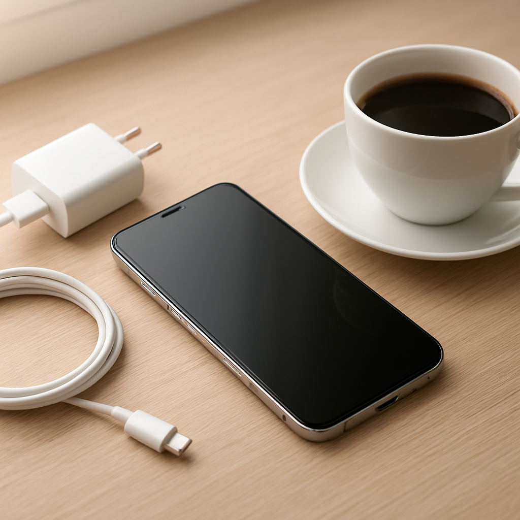 Smartphone on clean desk showing low battery icon