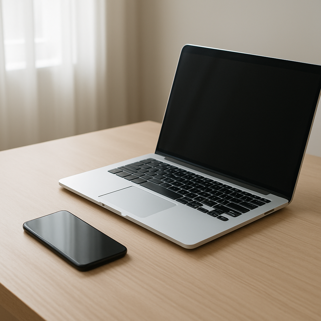 Smartphone and laptop on a clean desk under soft natural light