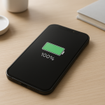 Phone Battery Draining Even With WiFi Off — Hidden Network Activity Explained Smartphone on desk showing low battery icon, minimal setup