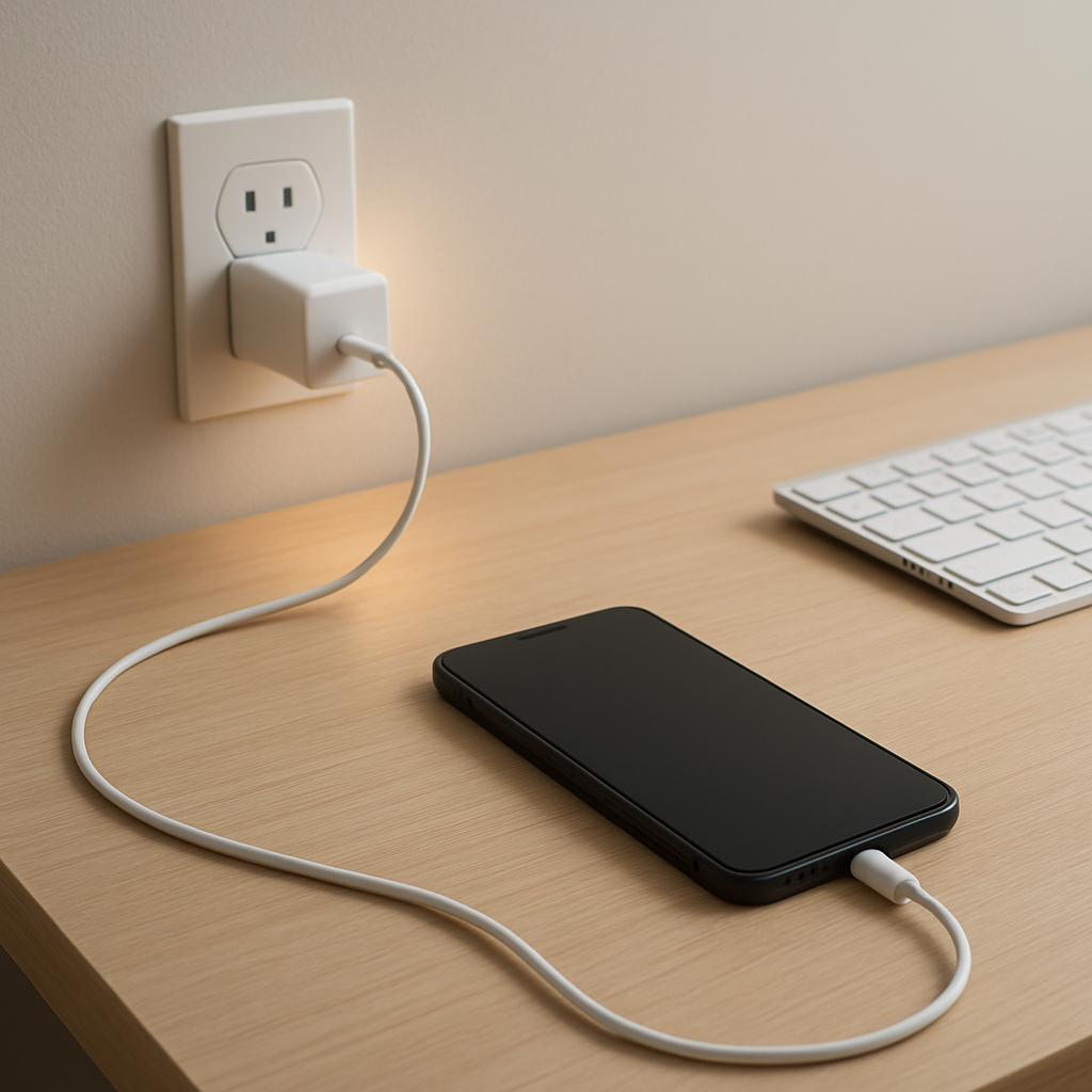 Close-up of a warm charger resting on a tidy desk