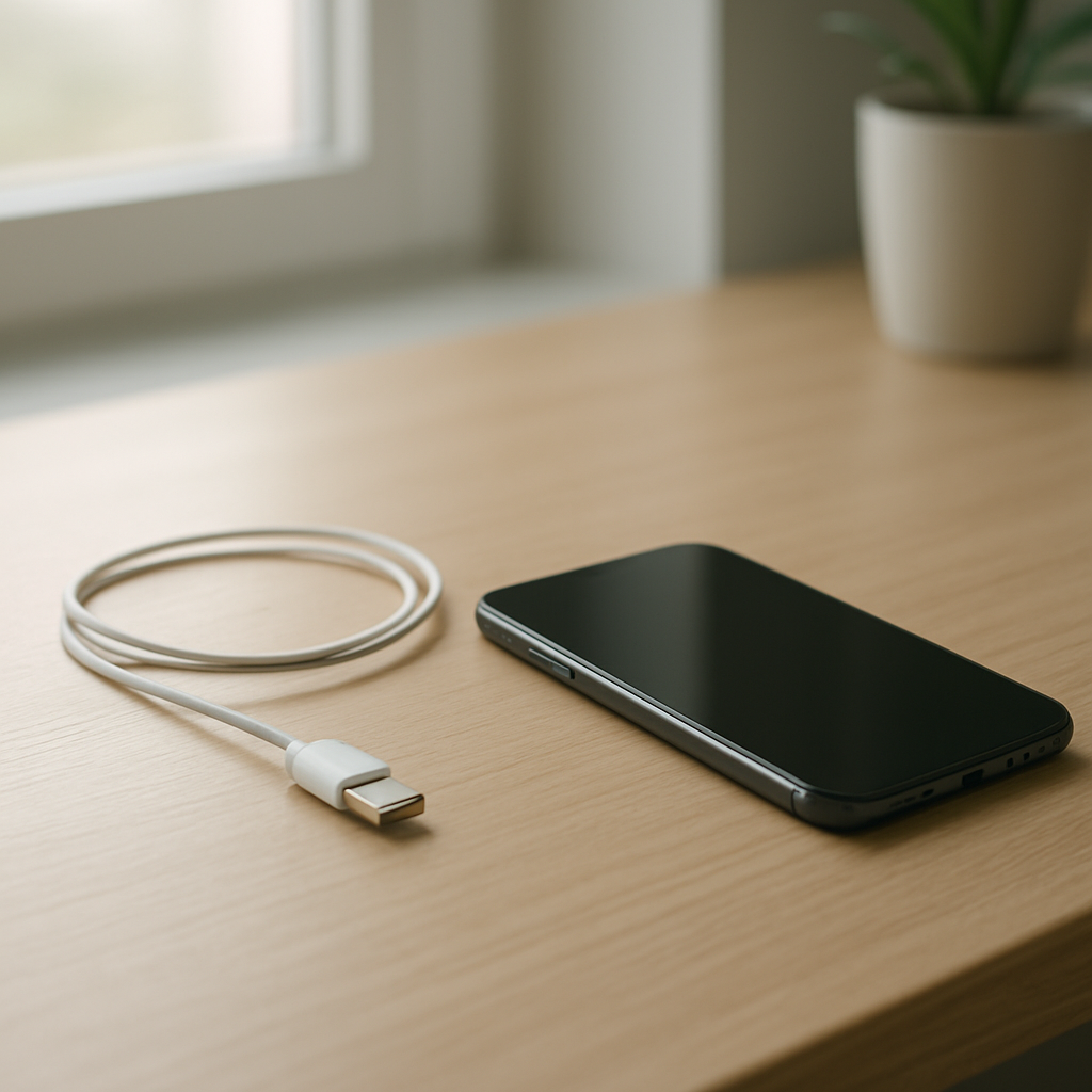 Smartphone cable loose on a clean desk beside charger