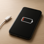 Smartphone on desk showing low battery, charger beside it