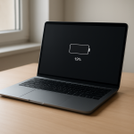 Laptop Charging Extremely Slowly — Power Limit or Hardware Restriction? Laptop charging slowly on tidy desk with cable and soft light