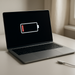 Laptop Battery Draining Even When Shut Down — Hidden Causes and Fixes Laptop on clean desk with dim battery indicator, unplugged charger