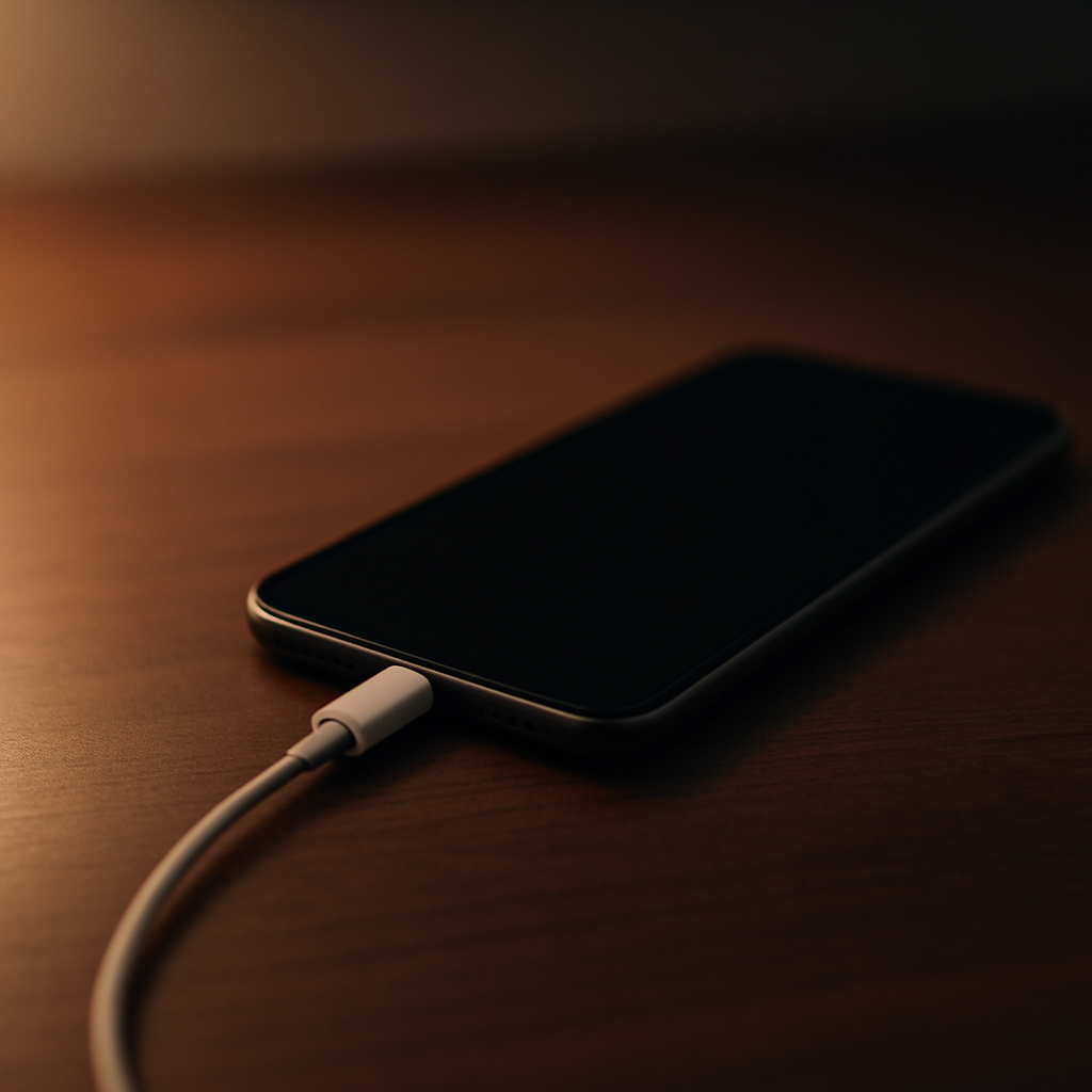 Smartphone on tidy desk, charger unplugged, dim bedside light