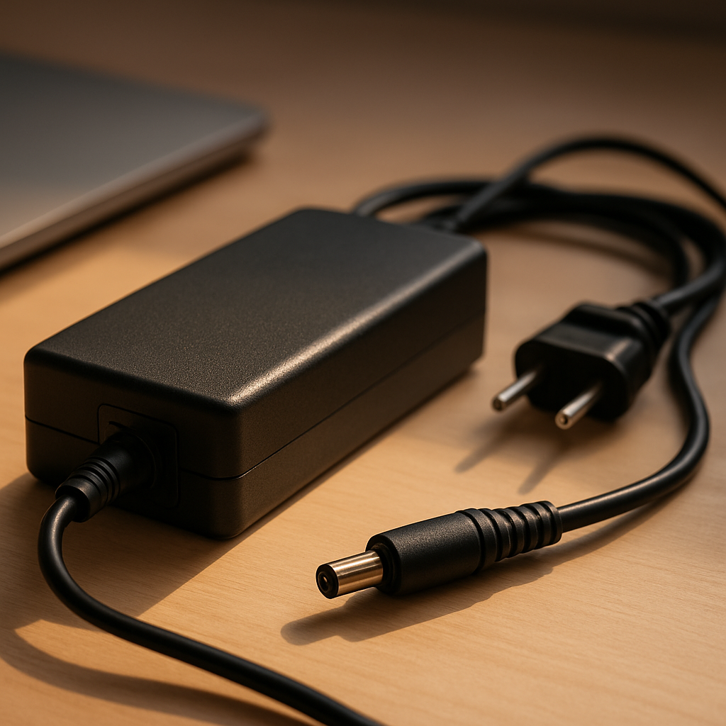 Overheating laptop charger on tidy desk, glowing slightly warm