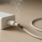Charging cable glowing and smoking on a tidy desk surface