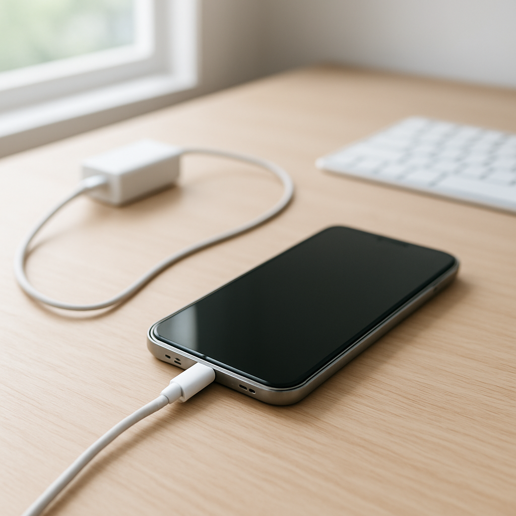 Smartphone charging intermittently on a tidy desk, cable loosely connected