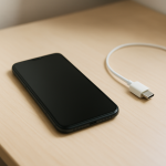 Smartphone on tidy desk with charger unplugged and low battery