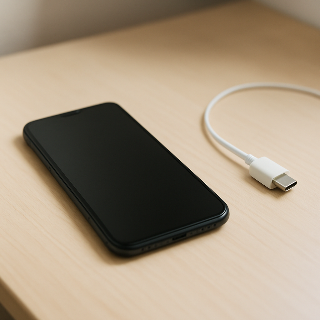 Smartphone on tidy desk with charger unplugged and low battery