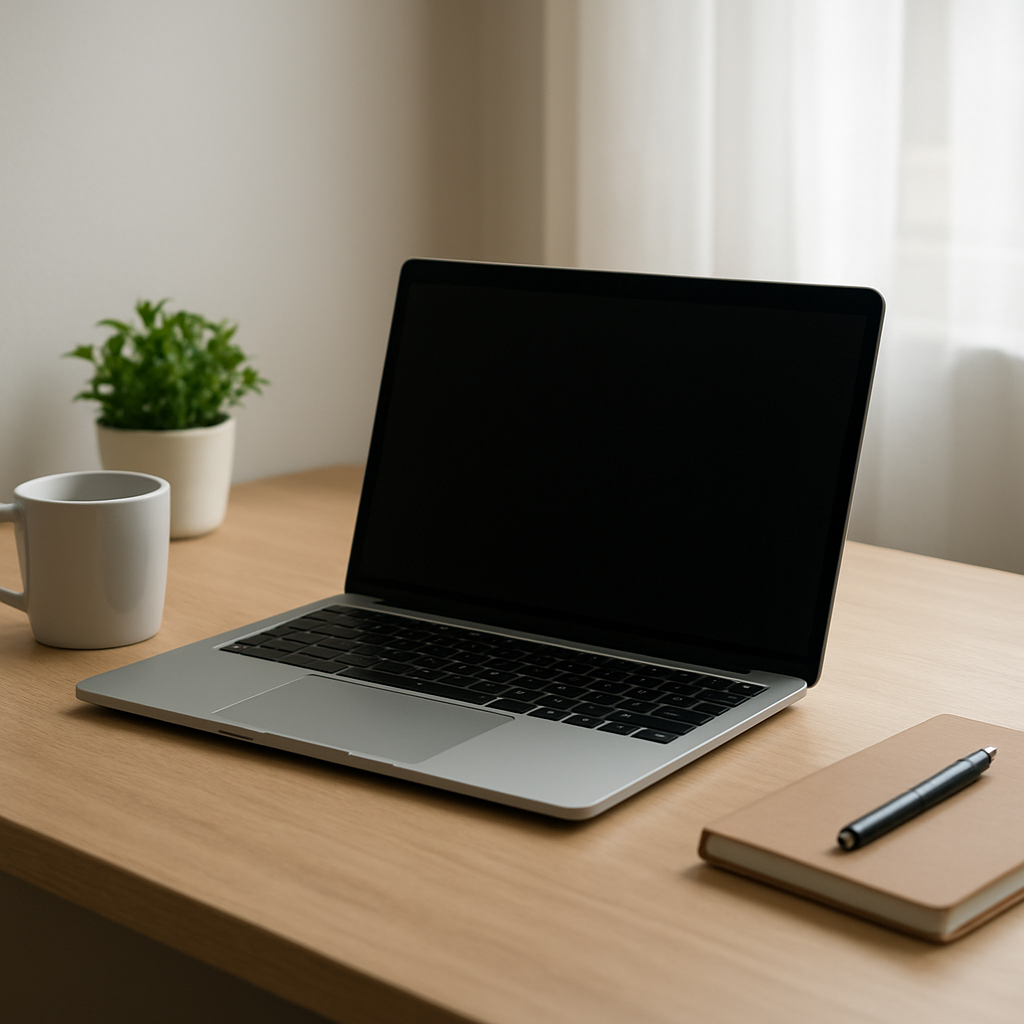Photorealistic laptop on clean desk, dim screen, charger unplugged