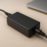 Laptop charger on tidy desk with faint buzzing vibrations