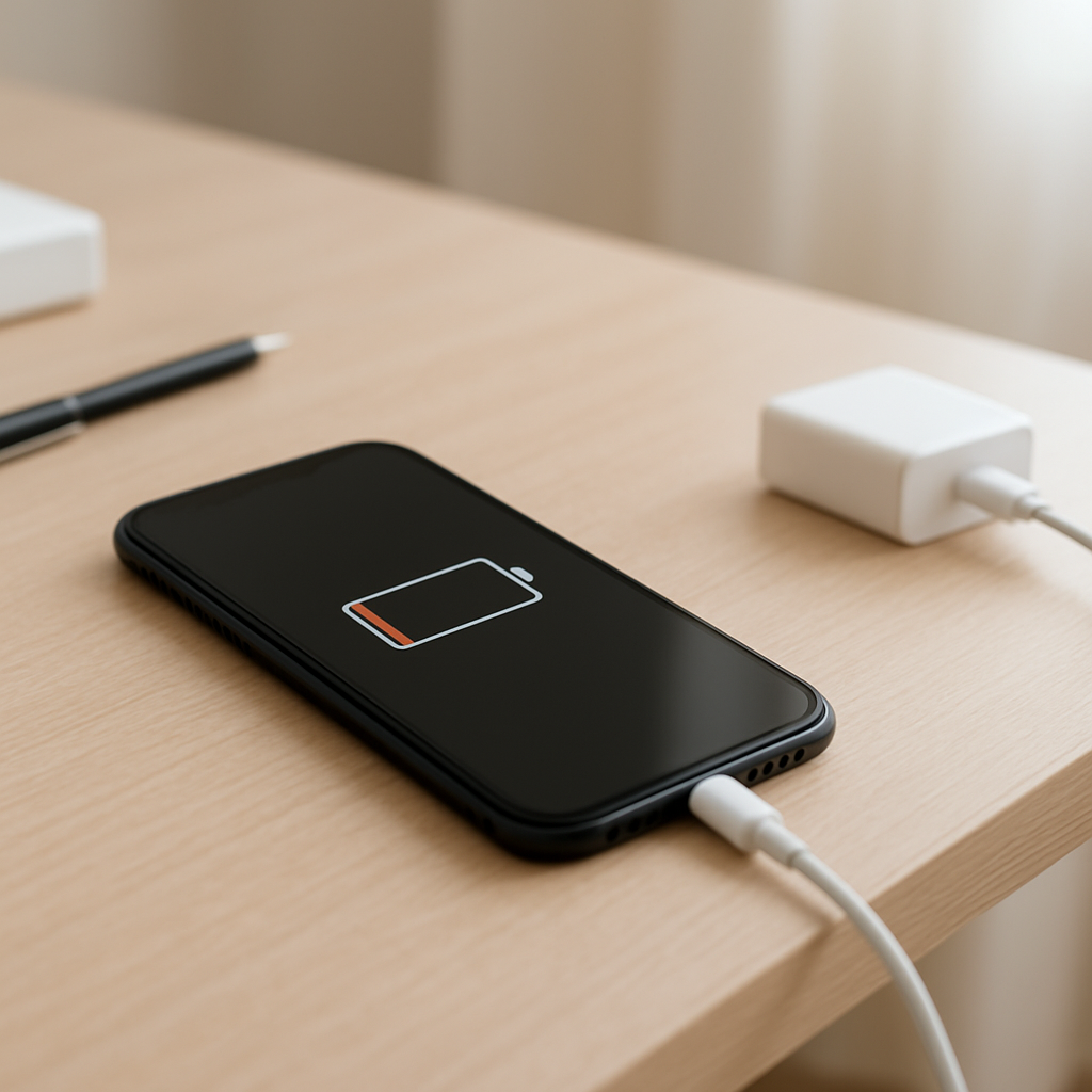 Smartphone on tidy desk displaying low battery beside charger and cup