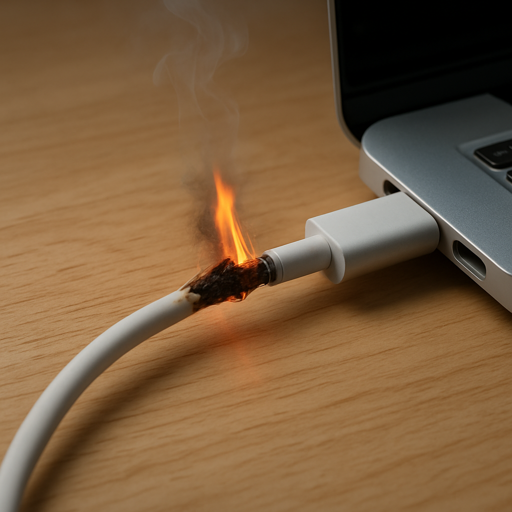 Laptop charging cable overheating on a tidy desk near laptop
