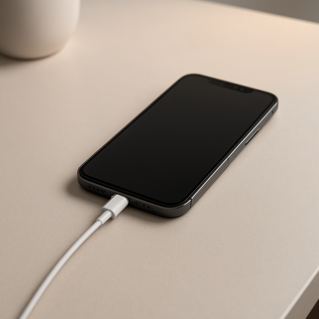 Smartphone plugged in, battery at ninety percent on desk