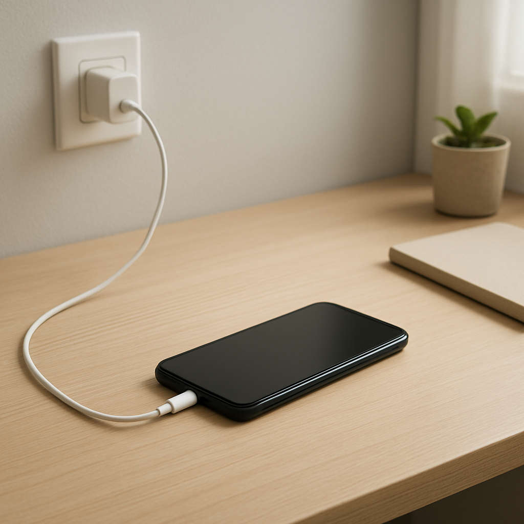 Smartphone charging slowly on a clean desk, cable connected