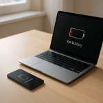 Device Battery Draining After Update — Software Optimization or Hidden Bug? Smartphone and laptop on clean desk indicating low battery warning