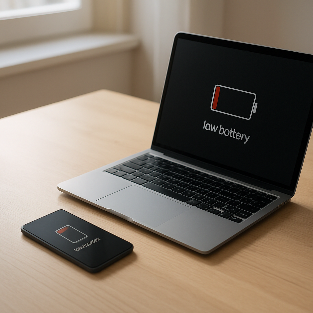 Smartphone and laptop on clean desk indicating low battery warning