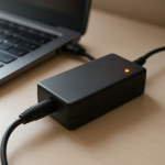 Close-up of a hot laptop charger on a tidy desk