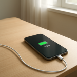 Smartphone on clean desk connected to charger, battery paused
