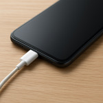 Close-up of phone connected to charging cable on desk