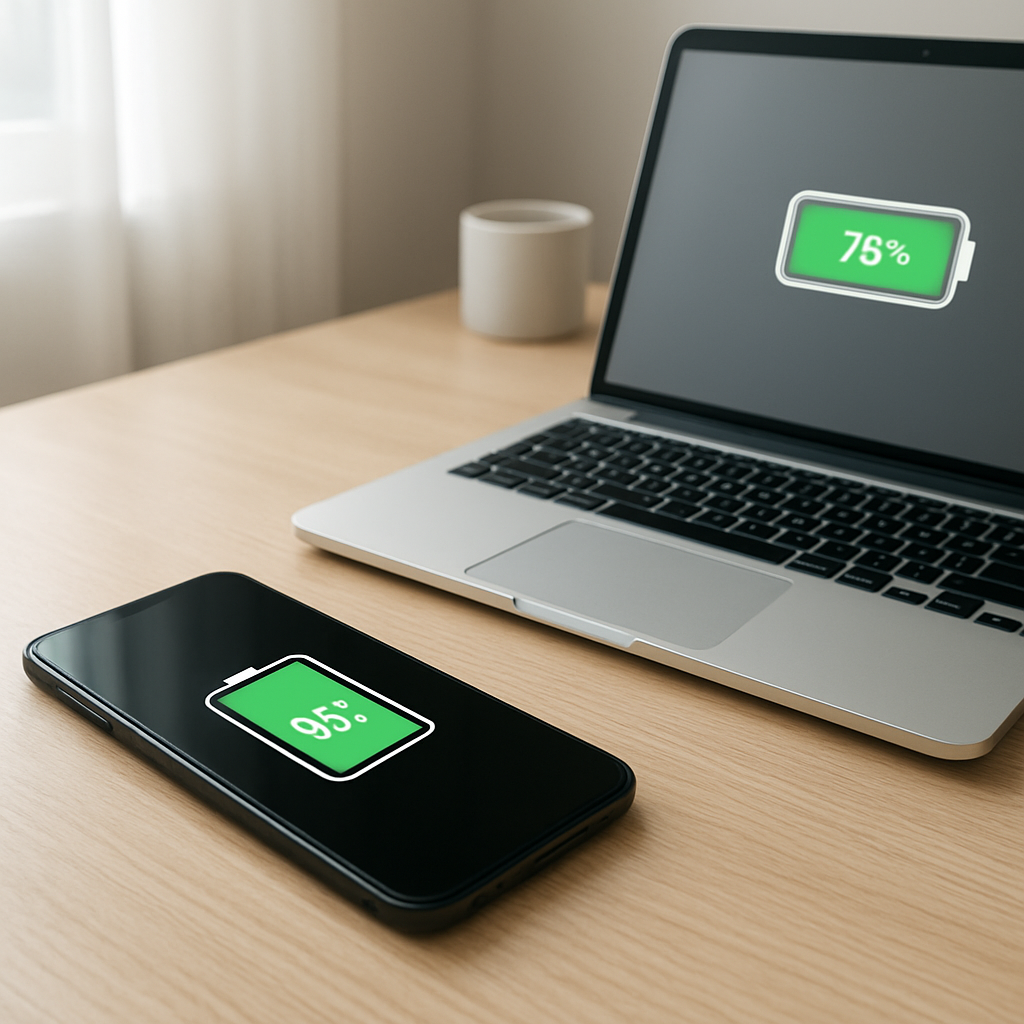 Smartphone and laptop on tidy desk, battery draining issue