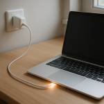 Laptop charger on clean desk showing slight warmth and cable