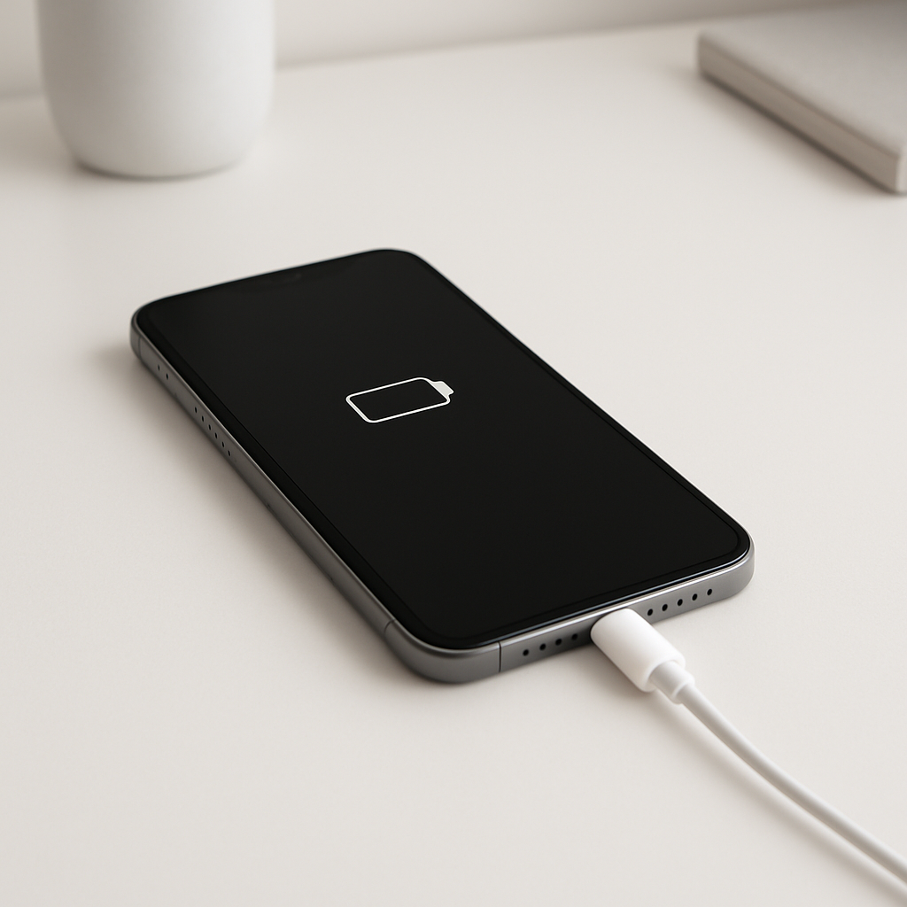 Smartphone charging on tidy desk, battery percentage not increasing