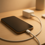Warm phone charger on a clean desk near tangled cables