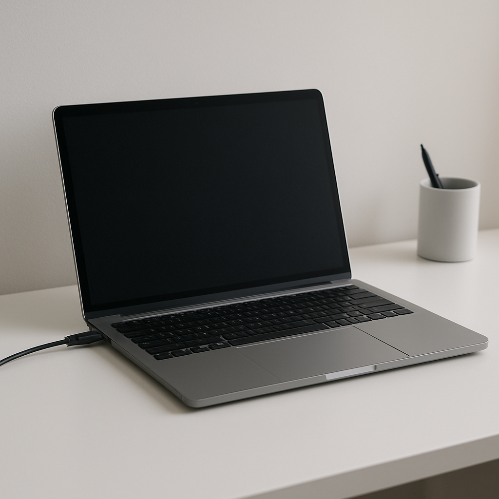 Laptop plugged in on clean desk, battery charging slowly