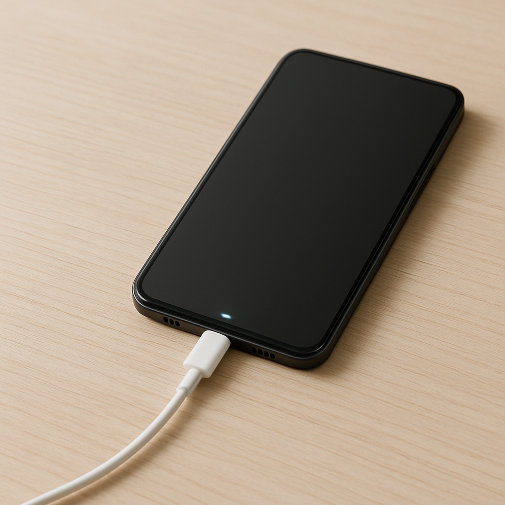 Smartphone on clean desk with cable showing inconsistent charging light