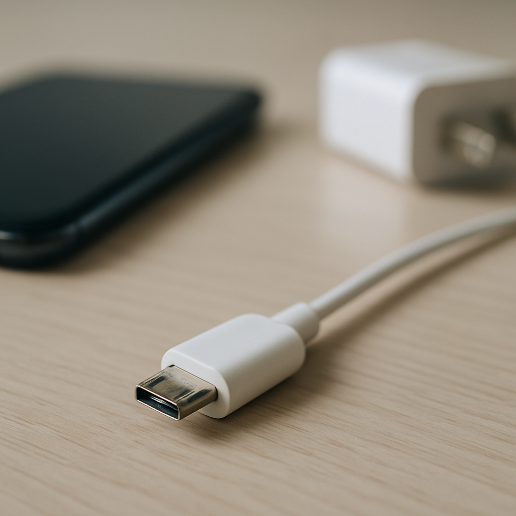 Loose charging cable connection on a clean wooden desk