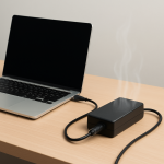 Overheating laptop charger on tidy desk showing heat waves
