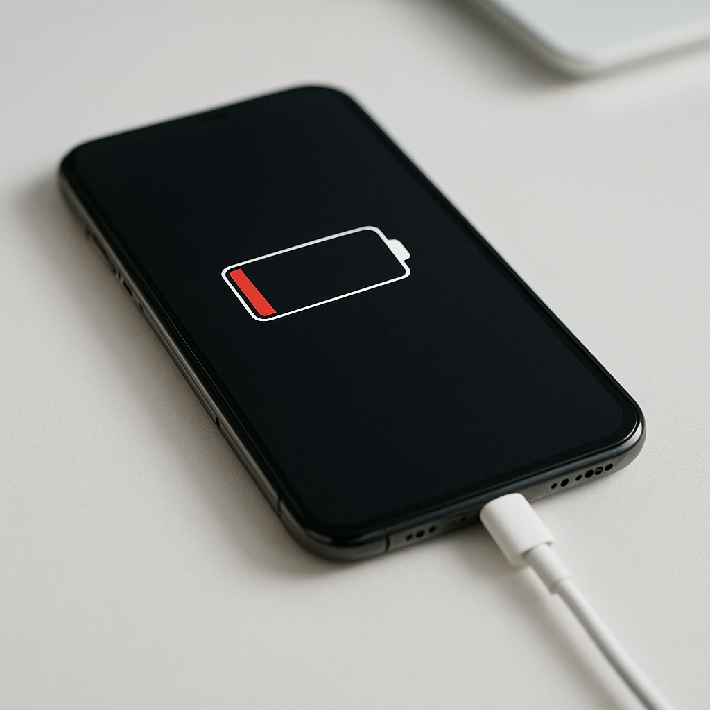 Smartphone on desk charging cable inserted showing partial battery