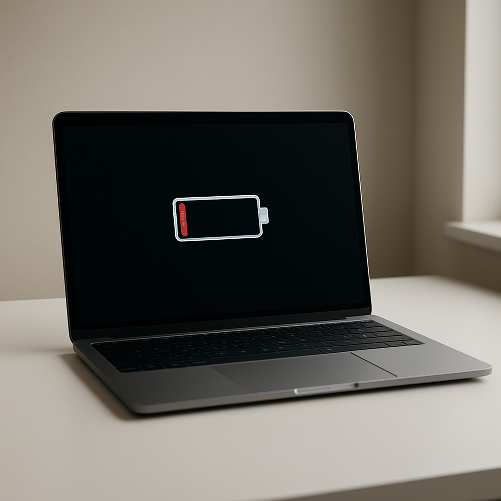 Laptop on tidy desk with dim screen indicating low battery