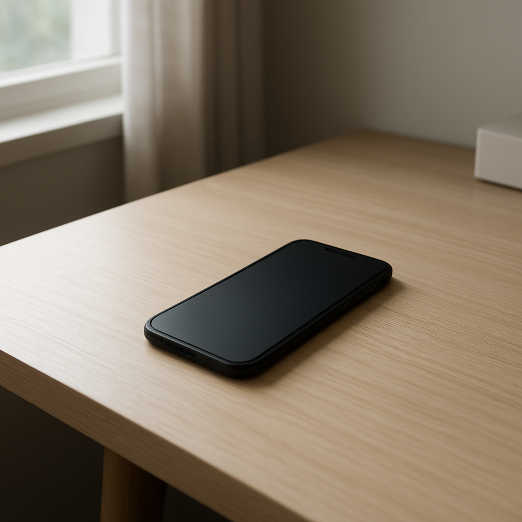 Smartphone resting on a clean desk with dimmed screen
